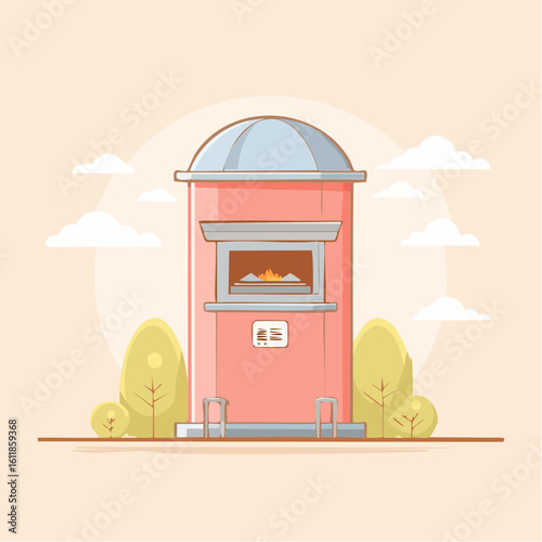 Modern outdoor pizza oven with a domed top and visible fire depicted in a flat vector illustration style.