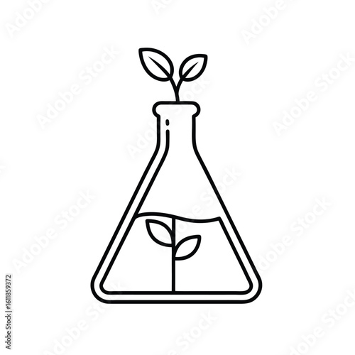 Minimalist Line Art of Erlenmeyer Flask with Growing Plant – Biotechnology & Environmental Science Illustration