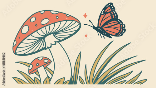 Colorful butterfly resting on a mushroom in a forest clearing, AI generative illustration
