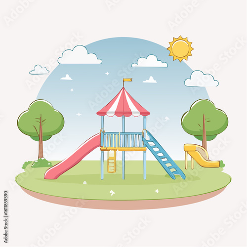 Colorful cartoon playground illustration with a circus tent roof slides and trees under a sunny sky.