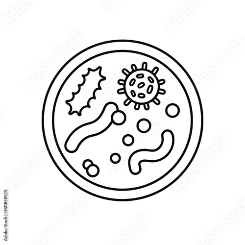 Minimalist Line Art of Petri Dish with Diverse Microorganisms – Microbiology Culture Icon