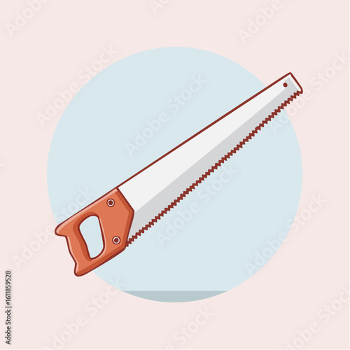 Classic handsaw illustration with a bright orange handle and a sharp serrated steel blade.