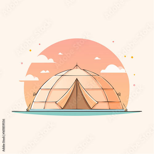 Modern orange geodesic dome tent illustration with a panelled structure and a triangular entrance for glamping.