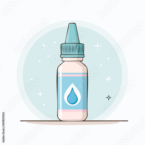 Illustrated plastic dropper bottle for eye drops with a teal cap and a blue water drop label.