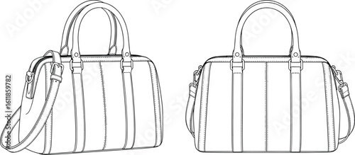 Handbag technical fashion sketch, side and back view, structured satchel bag vector, detailed cad design, flat template, outline illustration