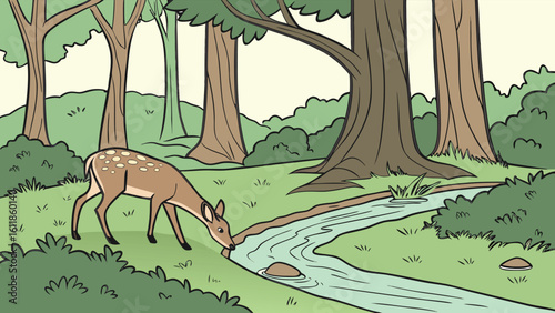 Graceful deer drinking water from a small forest creek in a serene woodland scene, AI generative illustration
