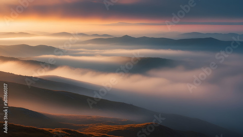 A scenic vista of layered mountains shrouded in mist and fog, illuminated by a warm, colorful sunrise or sunset.