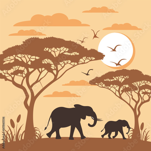 Papercut Style African Savanna Sunset with Elephants and Full Moon