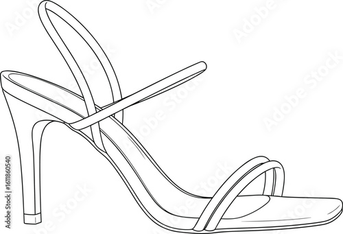 High heel sandal CAD drawing, elegant strappy design, women’s fashion footwear sketch, detailed vector outline for fashion illustration