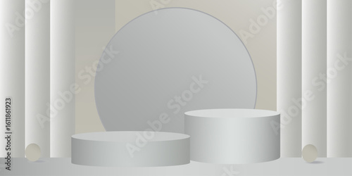 3d background products display podium. background vector 3d rendering with podium. stand to show cosmetic product on podium 3d. Stage showcase on pedestal display beige background studio.