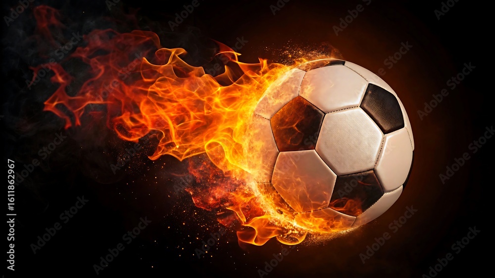 Fototapeta premium Soccer ball with flaming fire trail on dark background showing speed and energy 