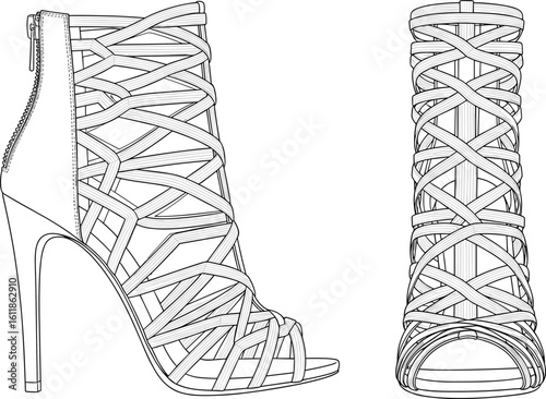 High heel sandal CAD drawing, stylish strappy footwear design, elegant women’s shoe outline, vector illustration for fashion and design