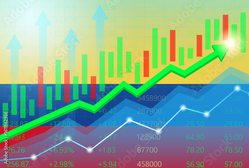 Colombia Economy. Flag of Colombia with Rising Financial Graph. Economic Growth and Development Concept. Vector Illustration.  