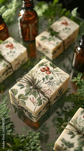Artisanal Vegan Soap Bars with Lavender Sprigs and Essential Oil Vials, Minimalist Organic Soap Collection with Dried Flowers and Dropper Bottle, adorned with botanical designs, with blur background
