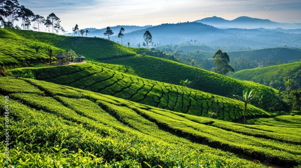 custom made wallpaper toronto digitalLush green tea plantations on rolling hills, misty mountains in the background