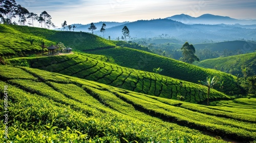 Wallpaper Mural Lush green tea plantations on rolling hills, misty mountains in the background Torontodigital.ca