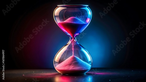 A colorful hourglass with pink and blue sand, illuminated by neon lights