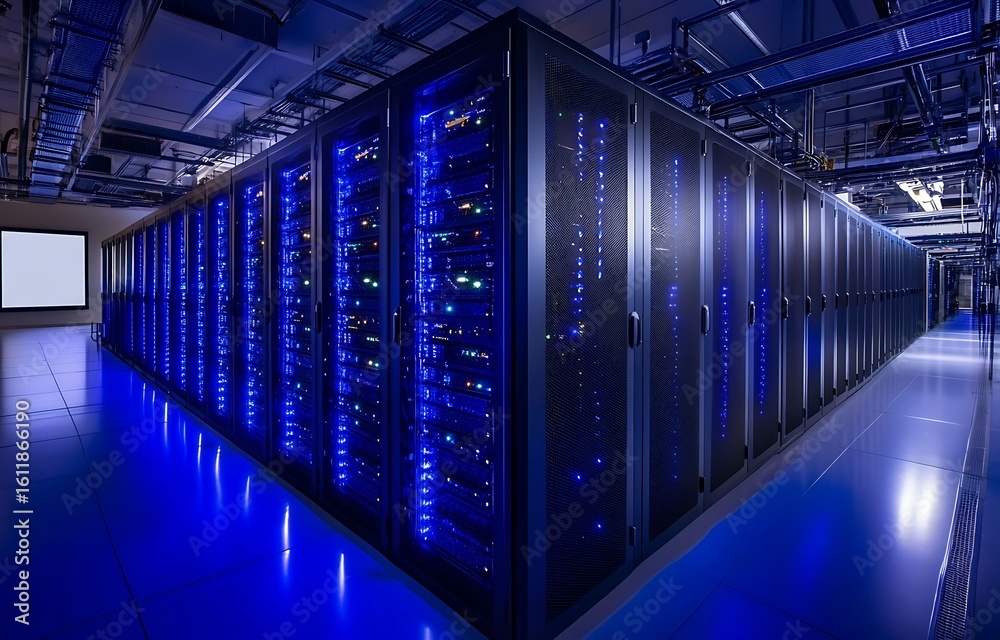 Fototapeta premium Illuminated server racks with bright blue led lights creating a futuristic digital data center environment with a clean reflective floor