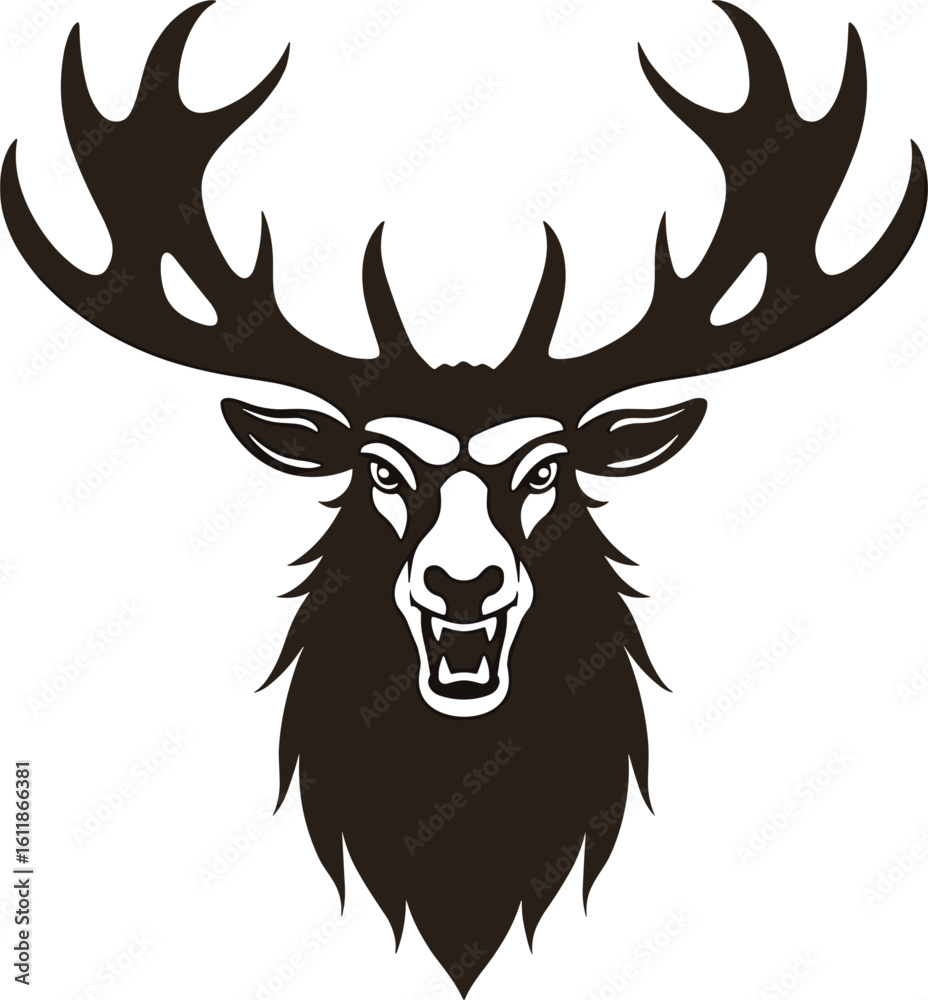 Fototapeta premium Stylized dark stag head with large antlers and fierce expression