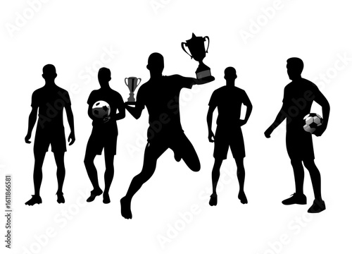 set silhouettes soccer football players, goalkeeper, team champion with cup, soccer ball in various poses, vector isolated on white background
