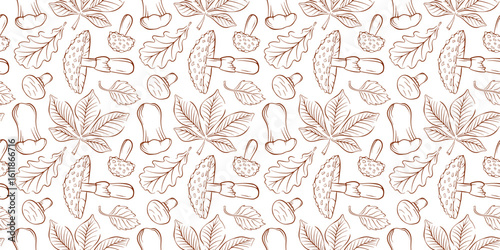 Seamless pattern of line art style mushroom Trumpet, Fly Agaric, Destroying Angel, Champignon and chestnut, Birch, oak leaf on a white background. Ideal for autumn package, delivery and organic design