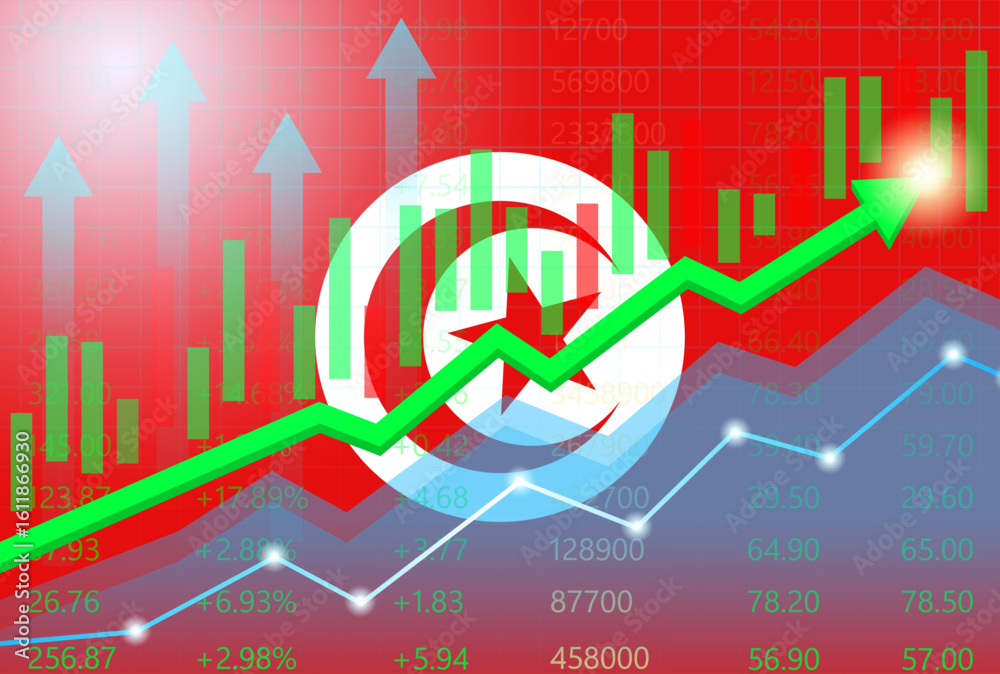 Naklejka premium Tunisia Economy. Flag of Tunisia with Rising Financial Graph. Economic Growth and Development Concept. Vector Illustration.