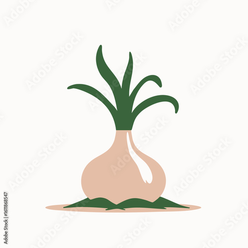  Simple onion plant illustration in beige and green for food and gardening concepts
