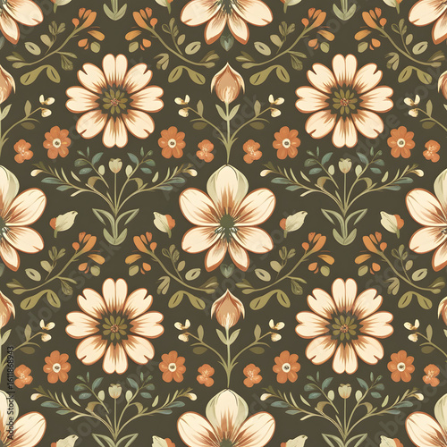 Elegant floral pattern, dark background, autumnal hues, stylized flowers, repeating design, textile print.
