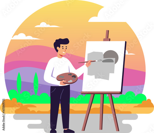 This is a metaphor for the loss of color in the world and emotional burnout. The artist is in front of a vibrant landscape, but he is painting in gray tones, symbolizing the loss of perception of life