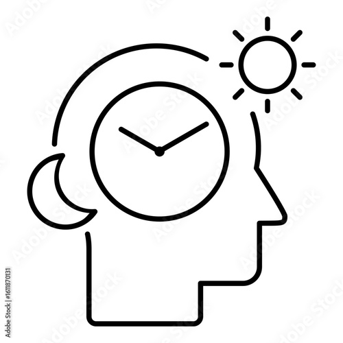 Circadian rhythm line icon. Head with a clock, sun and moon. Sleep regulation, insomnia. 24-hour schedule influenced by light and dark helps synchronize the body's functions. Vector illustration. 