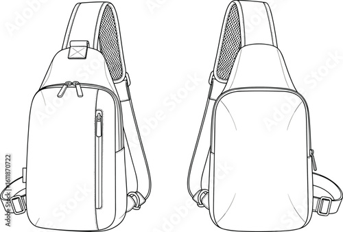 Modern sling crossbody backpack design, technical vector sketch, detailed cad illustration, front and back view, wearable gear accessory mockup