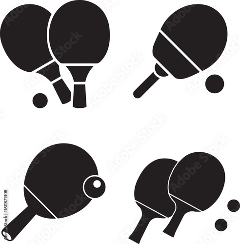 Table Tennis Paddle and Ball Icons Set. in silhouette vector.
