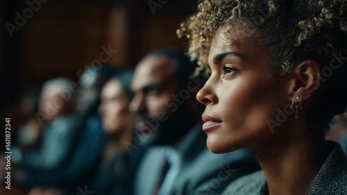 Witnessing justice unfold in a busy courtroom during a high-stakes trial at dawn’s early light