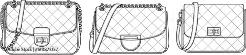 Quilted crossbody bag CAD illustration, chain strap fashion purse sketch, technical flat drawing, luxury handbag vector design for accessories