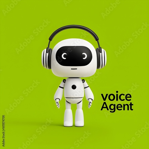 Cute futuristic robot with headphones standing on green background symbolizing modern voice agent technology