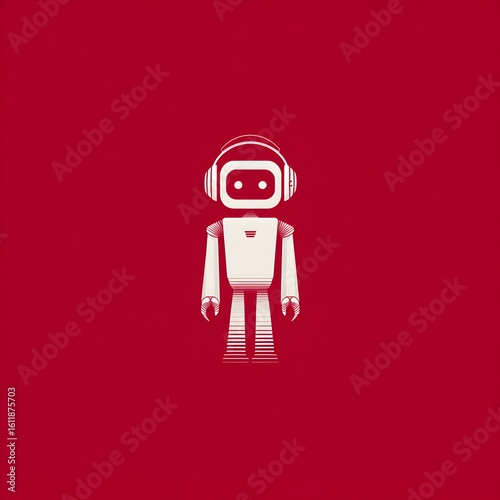 Futuristic robot illustration with headphones on a vibrant red background showcasing modern digital design