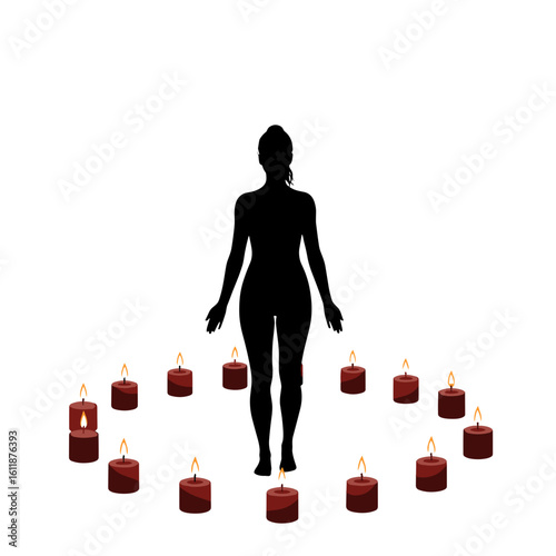 Silhouette of person standing in circle of candles in safe space - Concept of burnout, psychological help  