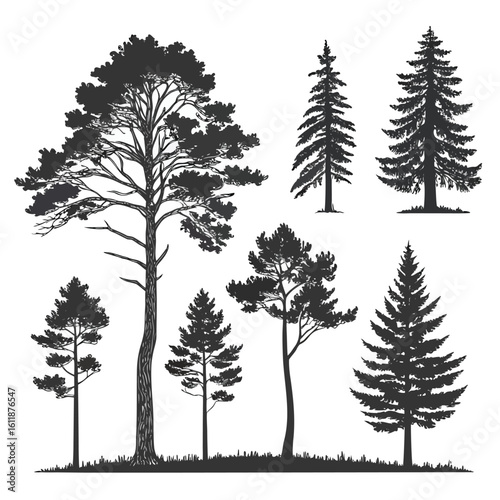 Collection of diverse evergreen tree silhouettes with detailed branches and foliage evergreen trees pine trees