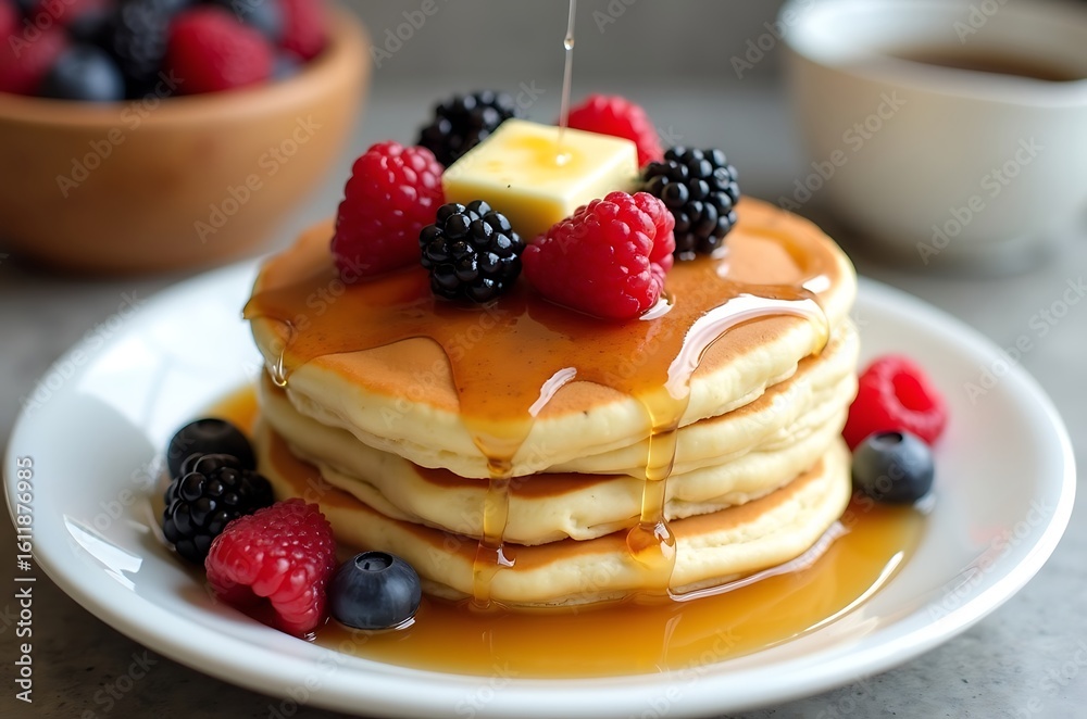 Golden Pancakes Delicious Morning Meal with Berries ai generated Golden Pancakes Delicious Morning Meal with Berries ai generated
