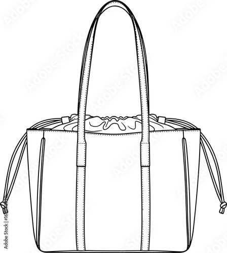 Stylish tote handbag technical vector drawing, detailed fashion sketch, cad design, professional outline, flat illustration, accessory template for designers