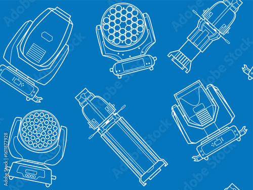 Stage Lighting Equipment Pattern Seamless Vector Illustration white contour line drawings of various professional stage lighting fixtures moving heads, LED wash lights and profile spotlights
