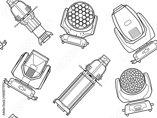 Stage Lighting Equipment Pattern Seamless Vector Illustration white contour line drawings of various professional stage lighting fixtures moving heads, LED wash lights and profile spotlights