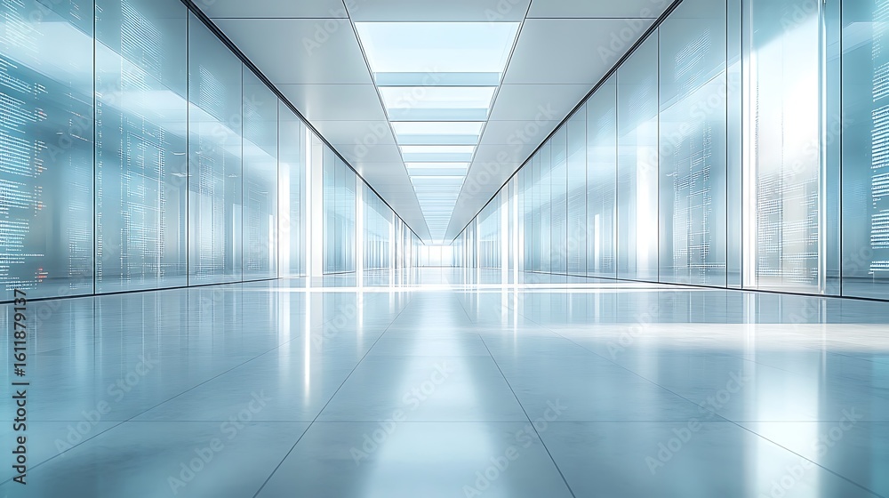 Obraz premium Futuristic bright modern glass corridor with reflective floor and ceiling lights creating a sense of depth and innovation