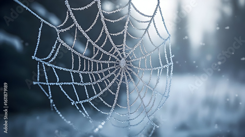 Frozen spiderweb in a winter wonderland. Fine ice crystals adorn a delicate web, centered in a snowy forest scene