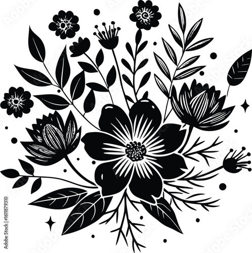 Black Line Botanical Design of Flower Arrangements with Garden Elements and Vintage Etching Style