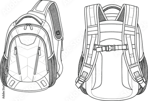 Technical backpack CAD illustration, front and back view, hiking travel bag vector sketch, outdoor gear design, fashion flat drawing