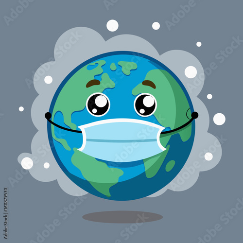 Earth Wearing Medical Mask – Air Pollution Vector Illustration