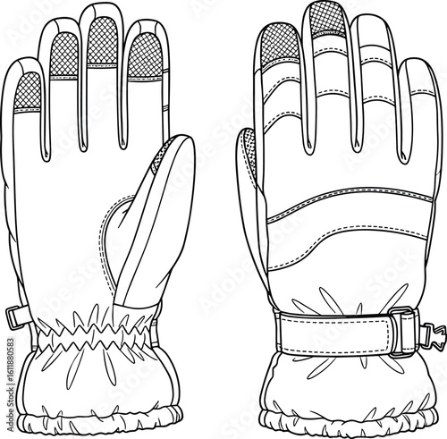 Winter glove technical sketch, detailed vector drawing of insulated gloves, cold weather handwear, apparel accessory, pattern design reference