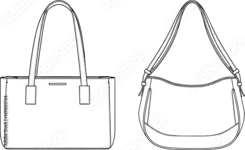 Women handbag and shoulder bag CAD sketch, technical fashion drawing, front view vector illustration, purse design template, accessory design tool