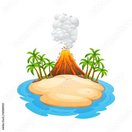 Tropical Volcanic Island with Palm Trees and Erupting Volcano Illustration